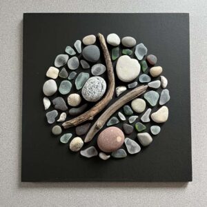 The Things of Earth Series XI, painted wood, driftwood, rock, sea glass. 12” X 12.”