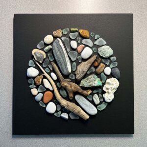 The Things of Earth Series XII, painted wood, driftwood, rock, sea glass. 12” X 12.”