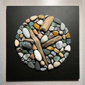 The Things of Earth Series XIII, painted wood, driftwood, rock, sea glass. 12” X 12.”