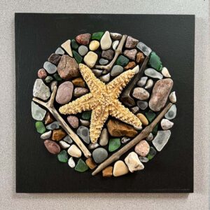 The Things of Earth Series XIV, painted wood, driftwood, rock, sea glass, shells, starfish. 13” X 13.”