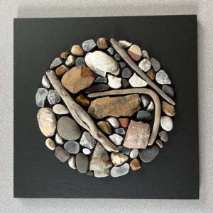 The Things of Earth Series XV, painted wood, driftwood, rock, sea glass, shells. 12” X 12.”